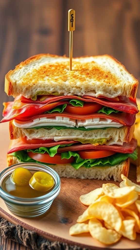A classic club sandwich with turkey, bacon, lettuce, and tomato served with pickles and chips on a wooden board.